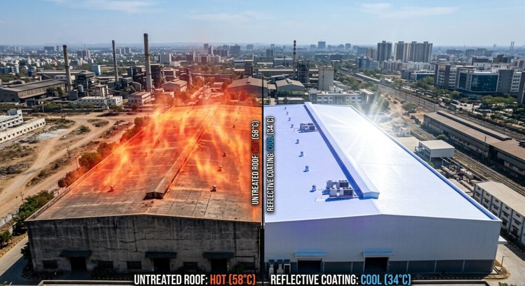 Heat reflective PU coating applied on a commercial terrace roof to reduce surface temperature