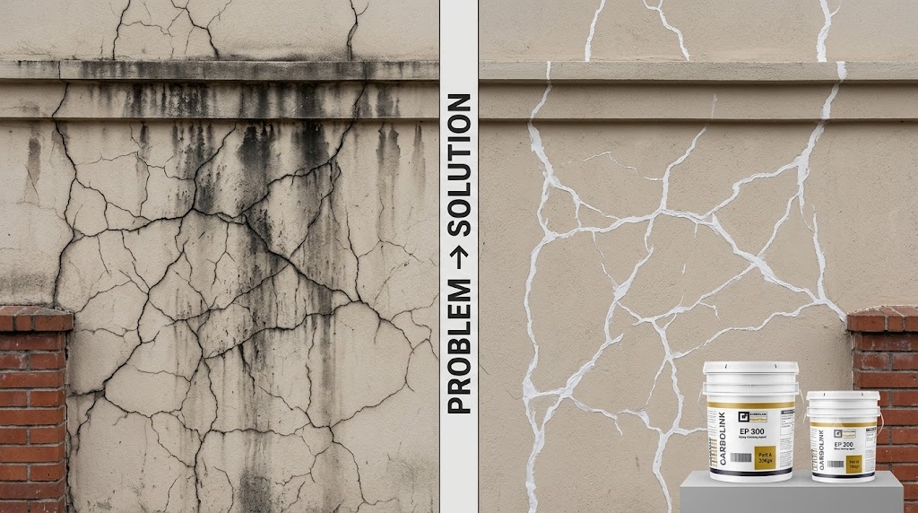 Close-up of epoxy resin injection ports fixed along a structural crack repair in a home wall