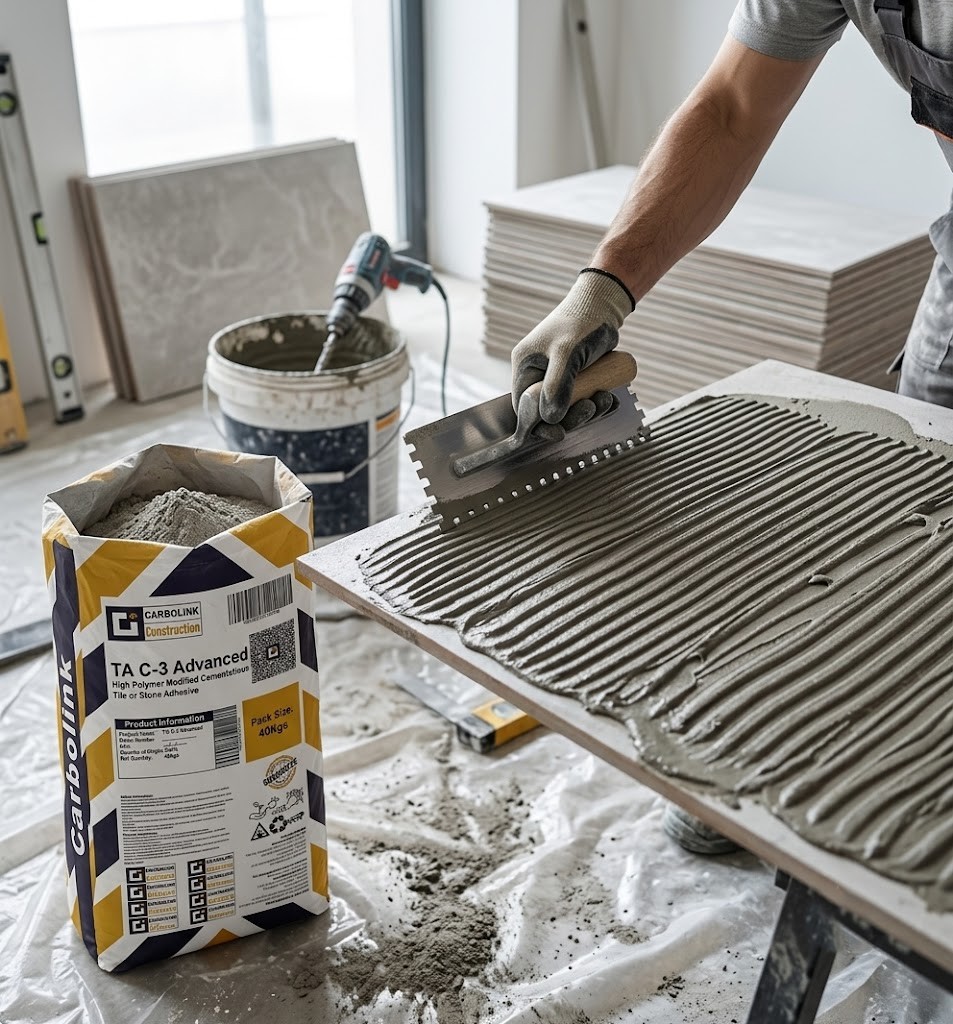 Contractor applying tile adhesive for large format tiles using notched trowel on porcelain slab