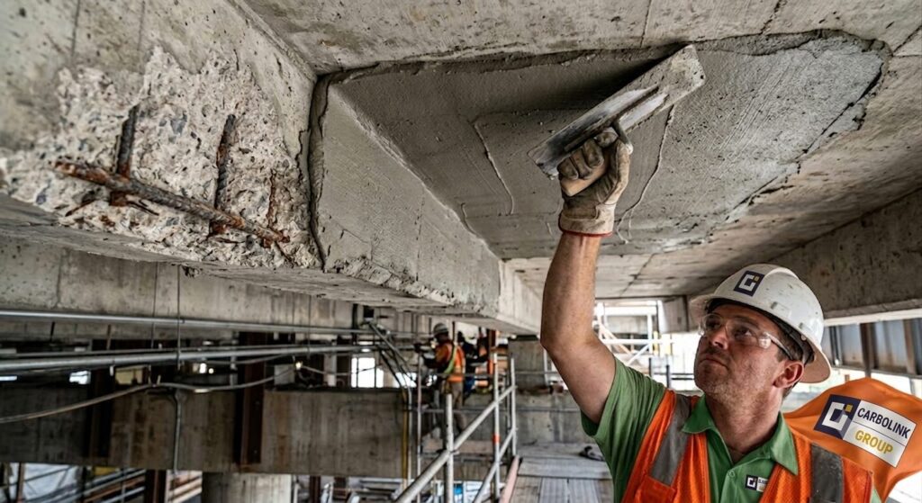 Worker applying N 18 high-build concrete repair mortar to a spalled overhead ceiling slab